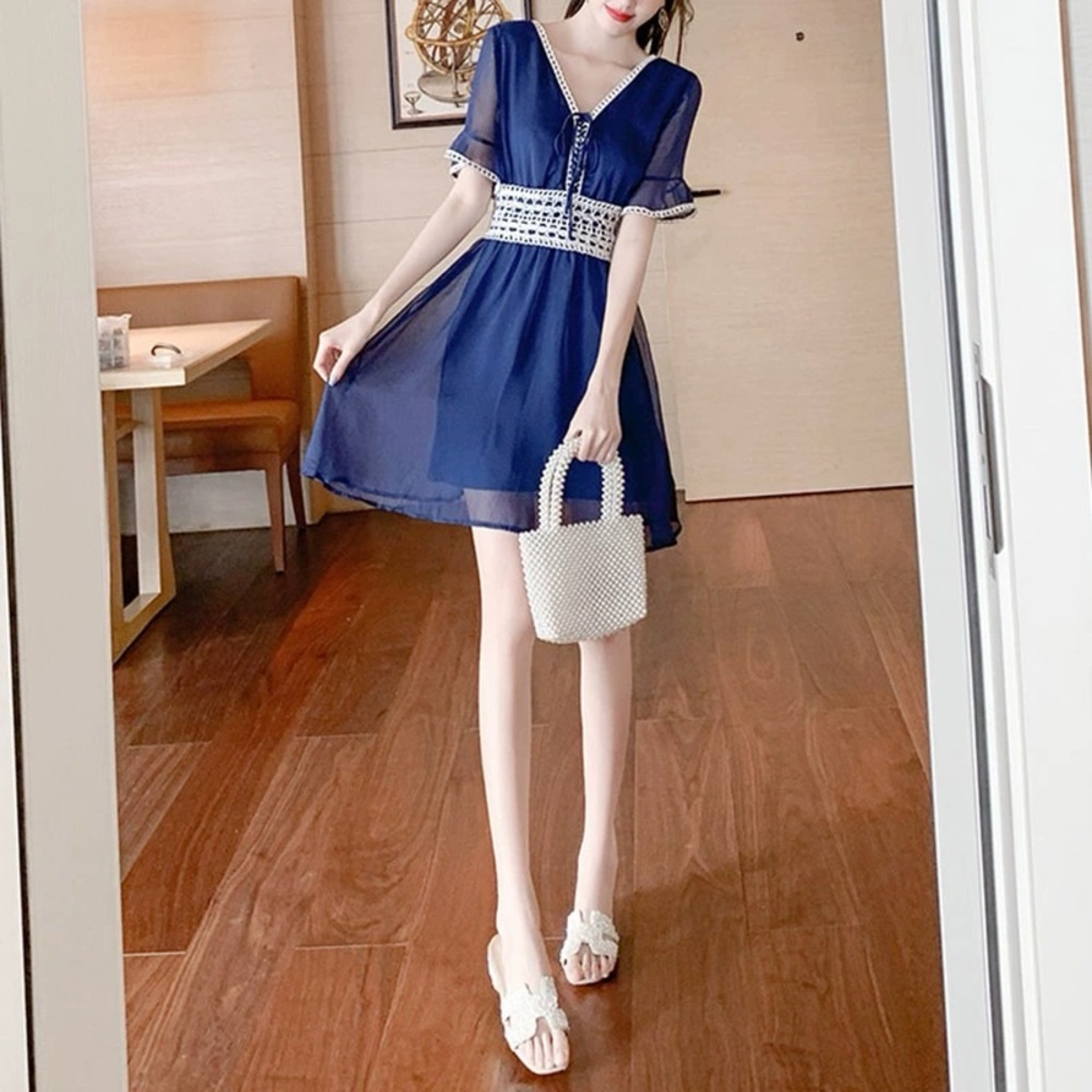 Classy blue korean style spring/summer short sundress size (s)
